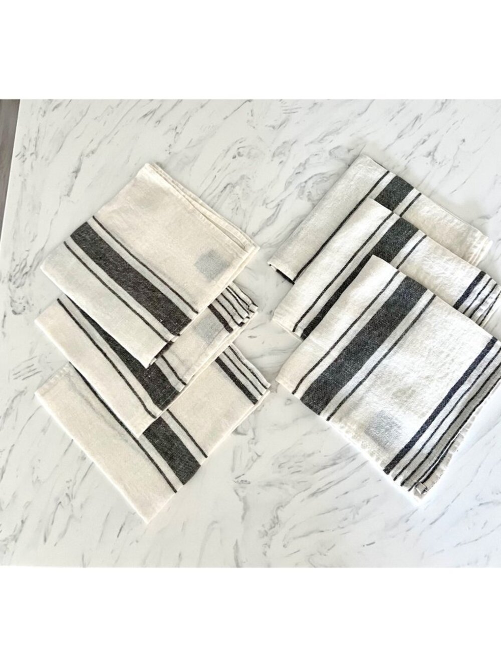 Set Of 6 French Black & White Striped 100% Linen Napkins Stonewash Farmhouse NWT